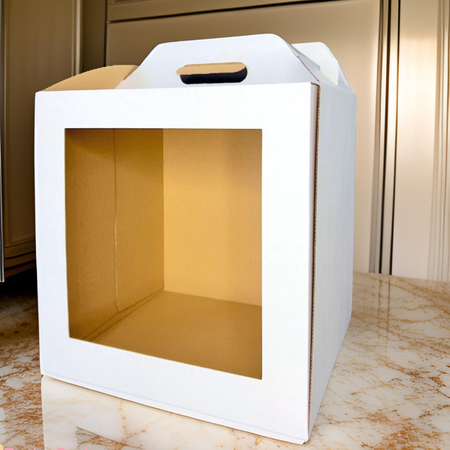 Pudełko na tort 22×22×25 cm białe z okienkiem i rączką — opakowanie cukiernicze B2B