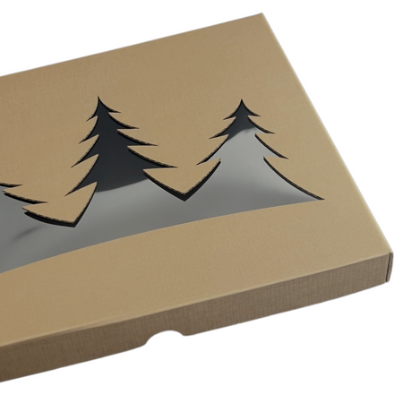 Pudełko świąteczne na ciastka, pierniki z choinkami i okienkiem kaszerowane 27,5x24x3,2 cm brązowe