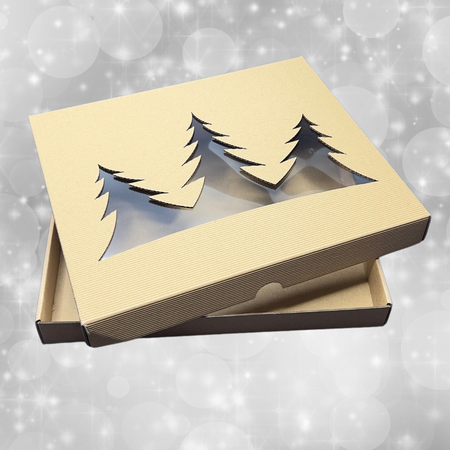 Pudełko świąteczne na ciastka, pierniki z choinkami i okienkiem prążkowane 27,5x24x3,2 cm  brązowe ECO