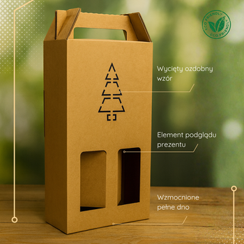 Opakowanie na 2 wina z motywem świąteczej choinki geometrycznej 180x85x320 mm kraft