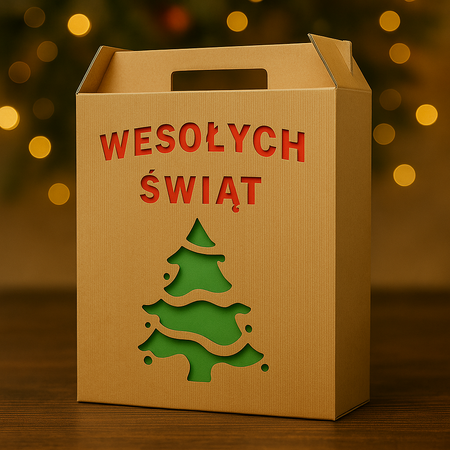 Opakowanie prezentowe kuferek 27x15x32 cm Eco prążkowane z napisem wesołych świąt i choinką