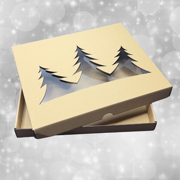 Pudełko świąteczne na ciastka, pierniki z choinkami i okienkiem prążkowane 27,5x24x3,2 cm  brązowe ECO