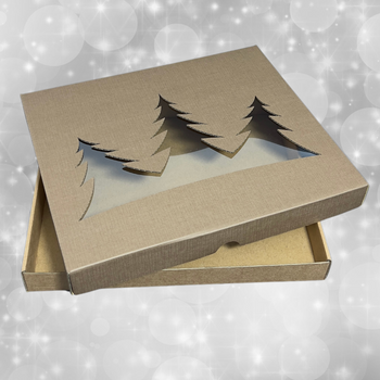 Pudełko świąteczne na ciastka, pierniki z choinkami i okienkiem kaszerowane 27,5x24x3,2 cm brązowe