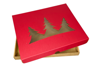 Pudełko świąteczne na ciastka, pierniki z choinkami i okienkiem 27,5x24x3,2 cm czerwone