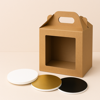 Zestaw opakowanie na tort 26x26x32 z okienkiem kraft + podkład styrodurowy 26 cm